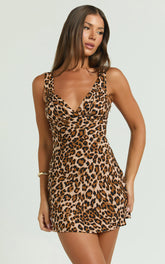 Amalea Mini Dress - Wide Strap Ruched Bust Dress in Animal